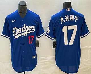 Mens Los Angeles Dodgers #17 Shohei Ohtani Blue Japanese Name Player Number Cool Base Jersey